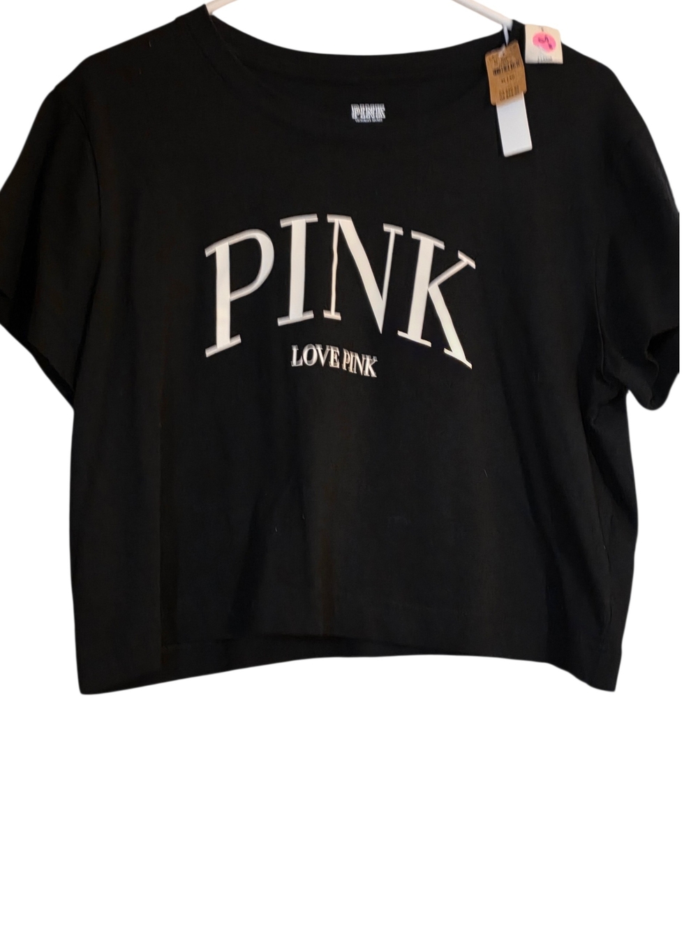 PINK Love Pink Black Cropped Tee Nwt